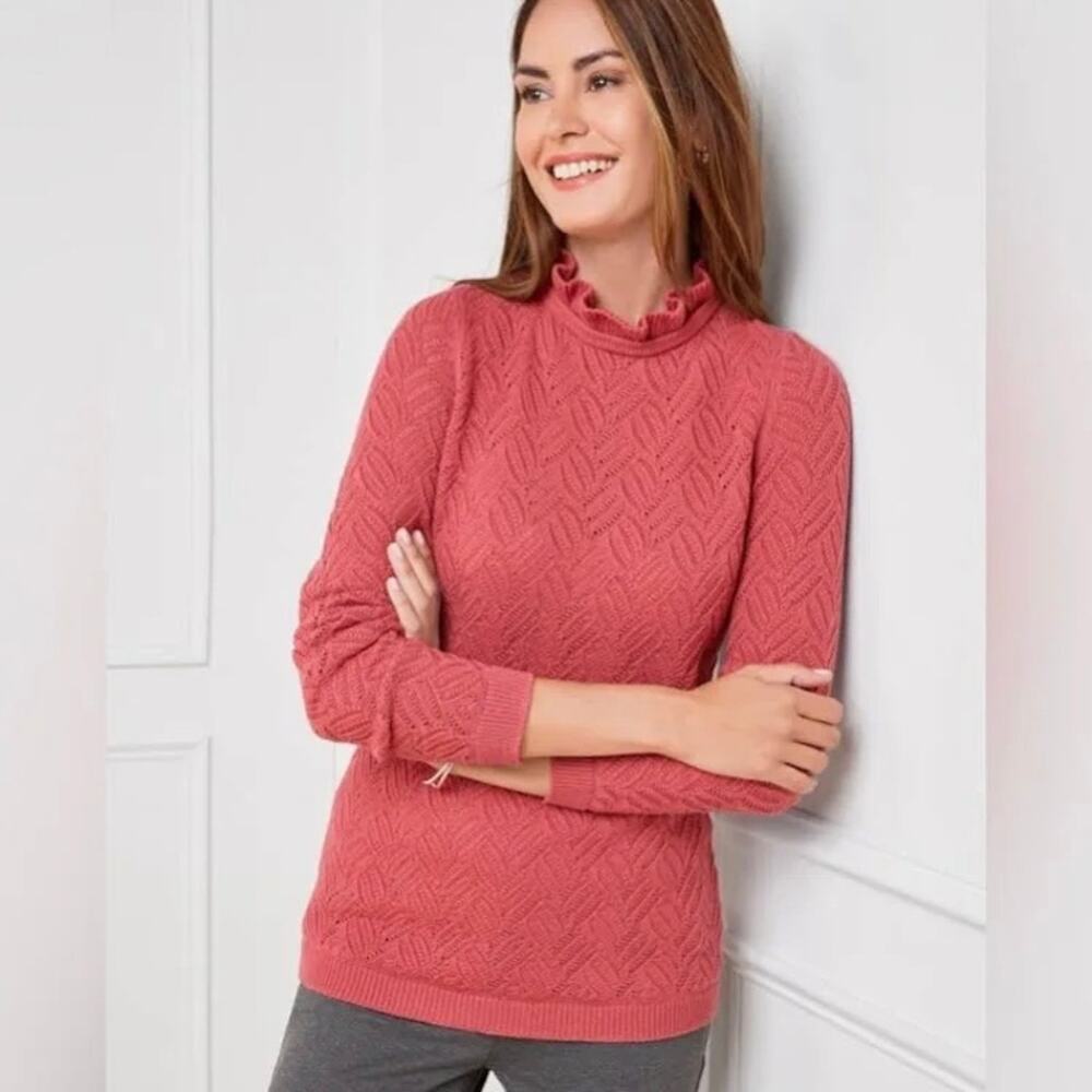 Talbots Pointelle Raspberry Pink Ruffle Neck Pullover Sweater P Small